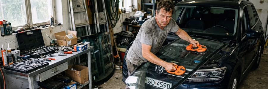 Mann wechselt in einer Garage selbst die Windschutzscheibe eines Autos mit Saughebern
